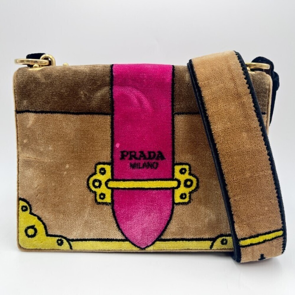 PRADA Cahier Shoulder Bag Velvet Brown Pink Crossbody
